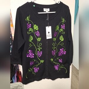 Unique Vintage Black Cardigan with Purple Grapes